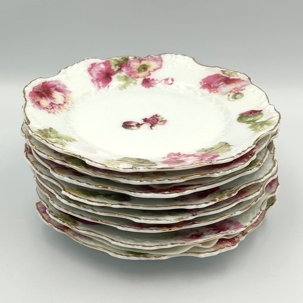 Antique Oscar Schlegelmilch Germany Porcelain Plates Set of 8 Pink Poppy Floral - Picture 3 of 16